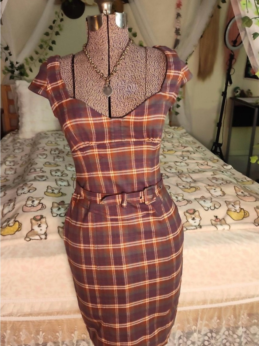 Plaid Belted Dress in Burgundy and Brown